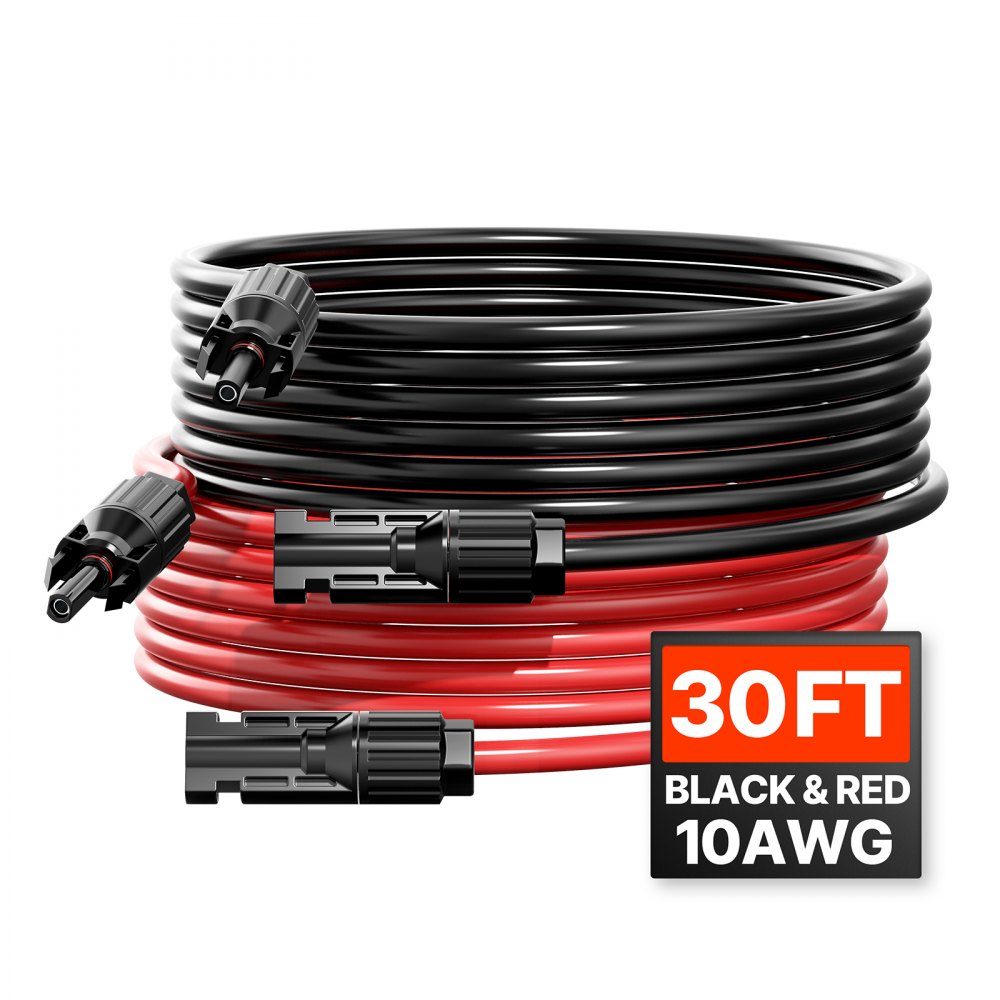 30ft Solar Cable Extension Cable Set of 2 6mm²/10AWG Cable with Waterproof Female and Male Connectors PV Cable for Home, Marine and RV Solar Panels Black+Red