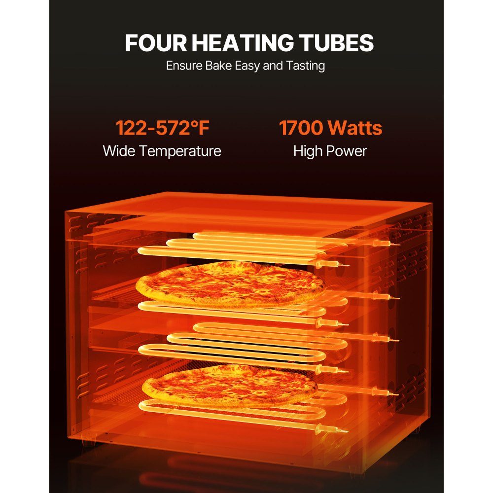 12" 1700W Electric Pizza Oven with temperature control and 0-60 minute timer, even baking technology and easy to clean crumb tray, ideal for commercial and residential kitchens