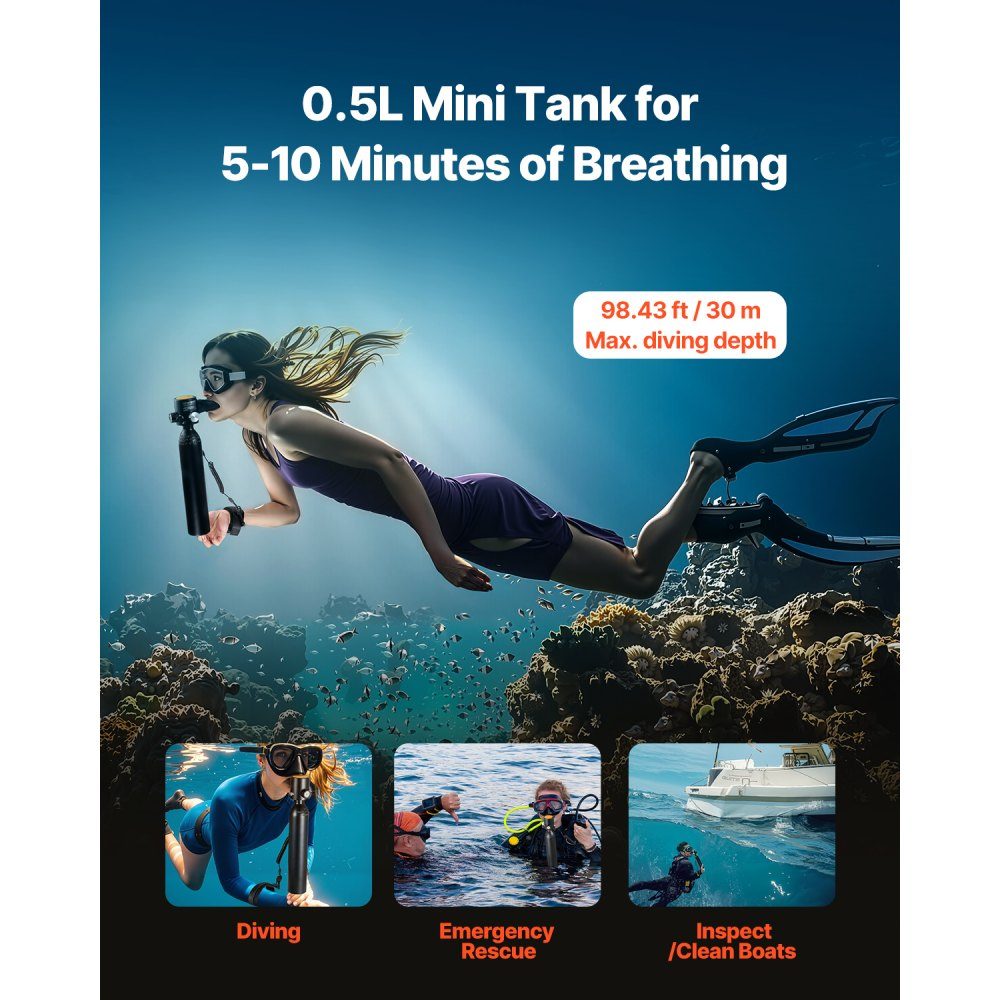 2 Diving Bottles, Portable Diving Bottle (0.5L Each), Diving Oxygen Bottle with Pump Supports 5-10 Minutes Underwater Breathing, 30m Diving Depth, Refillable Snorkel Air Tank