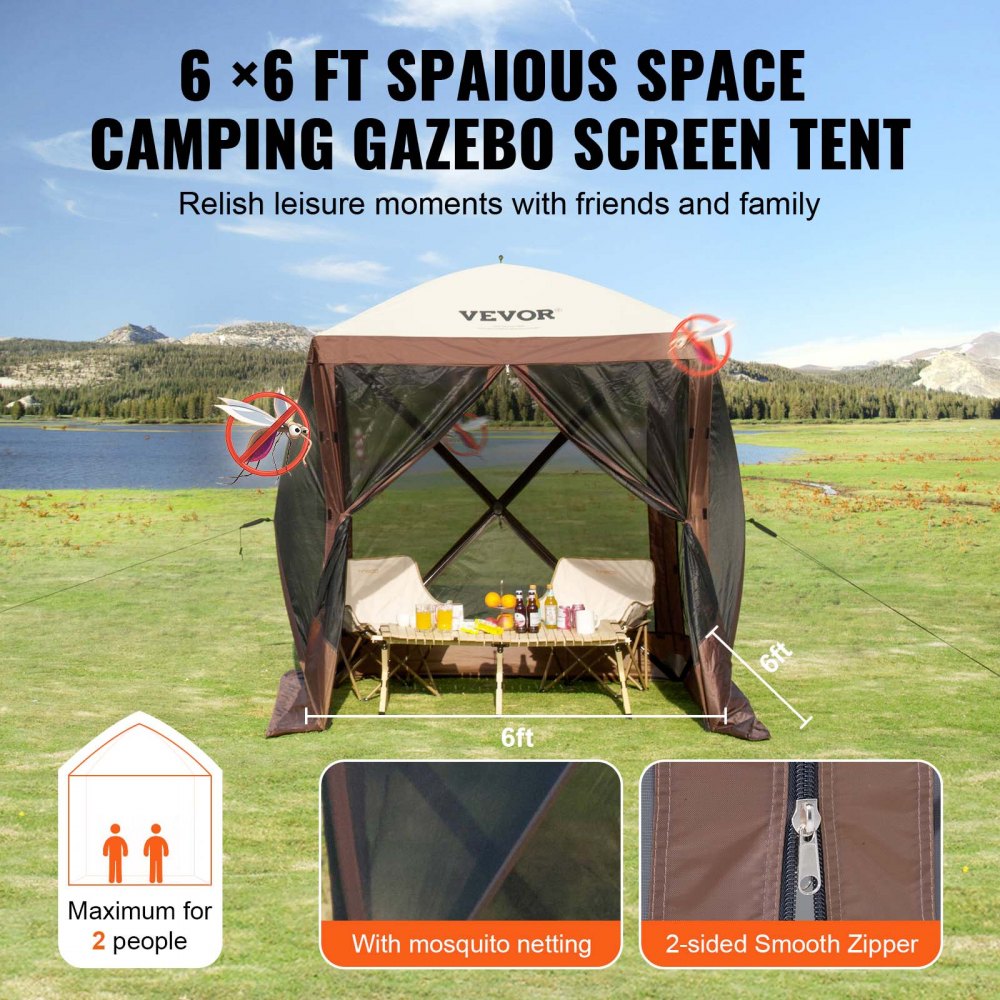 Pop-Up-Pavillon-Zelt, Pop-Up-Zelt mit 4 Seitenüberdachungen, Sonnenschutz mit 4 abnehmbaren Sichtschutz-Windtüchern und Netzfenstern, 6 x 6 Fuß, schnell aufzubauendes Zelt mit Moskitonetz, Braun