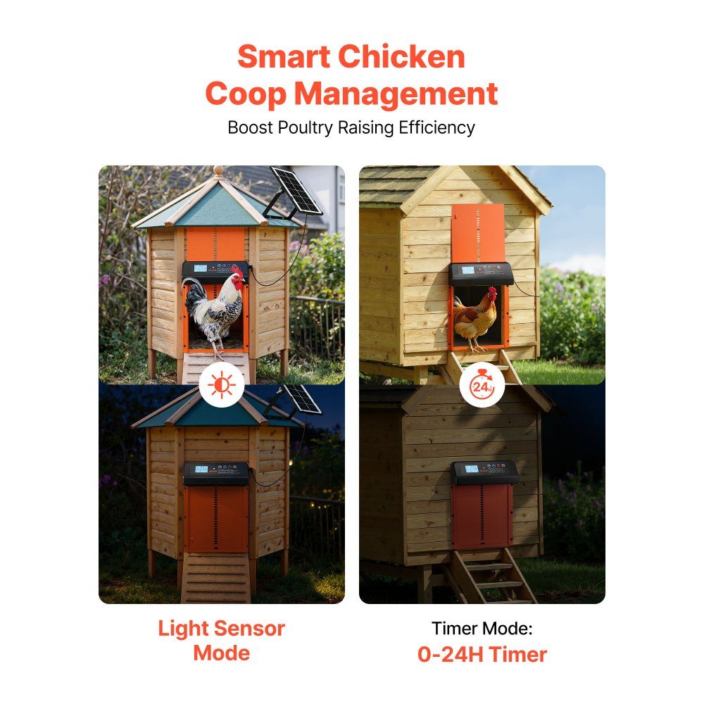 Chicken Flap, Solar and Battery Powered Chicken Door with LCD Display, Remote Control, Light Sensor and Timer, Anti-Pinch, Aluminum Alloy Chicken Coop Door, 350 x 250 x 73mm, Orange