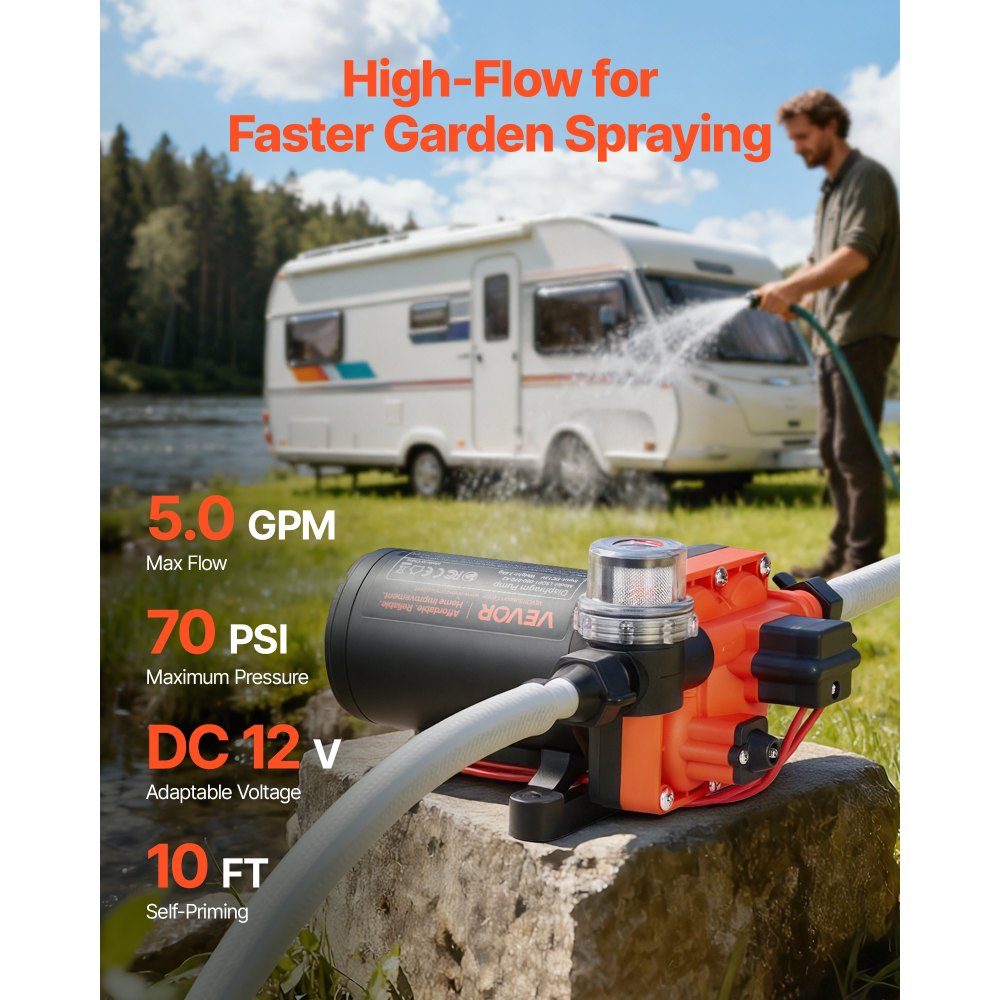 Membranpumpe, 12 V DC, 18,9 l/min, selbstansaugende 4-Kammer-Membran-Wasserpumpe mit automatischem Druckschalter, 4,8 bar Druck für Wohnmobil, Wohnwagen, Schiff, Yacht, Autowäsche