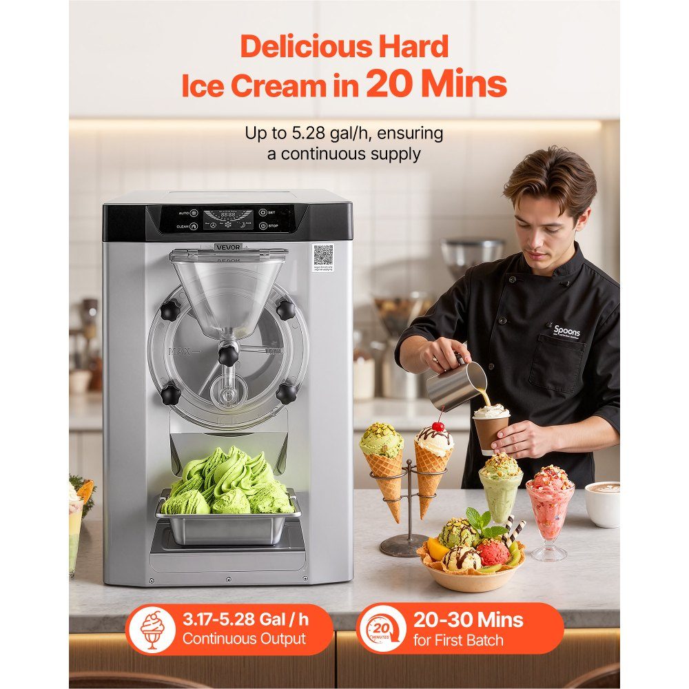 Commerciële ijsmachine, ijsmachine, 2000W, 12-20L/H, gelato-machine op aanrecht met 6L roestvrijstalen (304) container en zelfreinigend LED-bedieningspaneel voor snackbars, restaurants, zilver