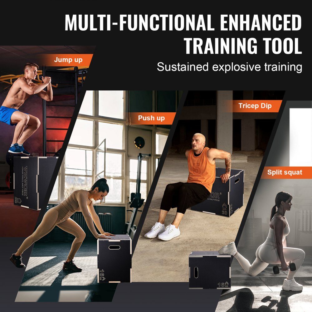3 in 1 Plyometric Jump Box 24/20/16 Inch Plyo Box, Jump Box Jump Box 204kg Load Capacity, Fitness Exercise Step Up Box for Home Training, Jump Strength Training, Black, Height Adjustable