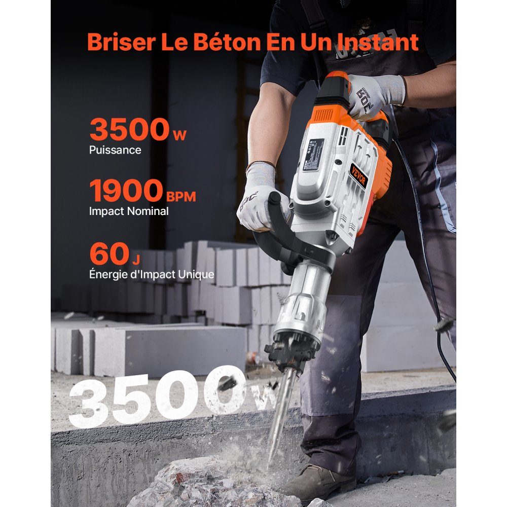 High Performance Concrete Breaker, Demolition Hammer 3500W, 60J Impact Power, Electric Demolition Hammer, Drill Hammer, Concrete Hammer, Mortar Hammer 1900 BPM, Includes Pointed Chisel, Flat Chisel, for Slate, Concrete etc