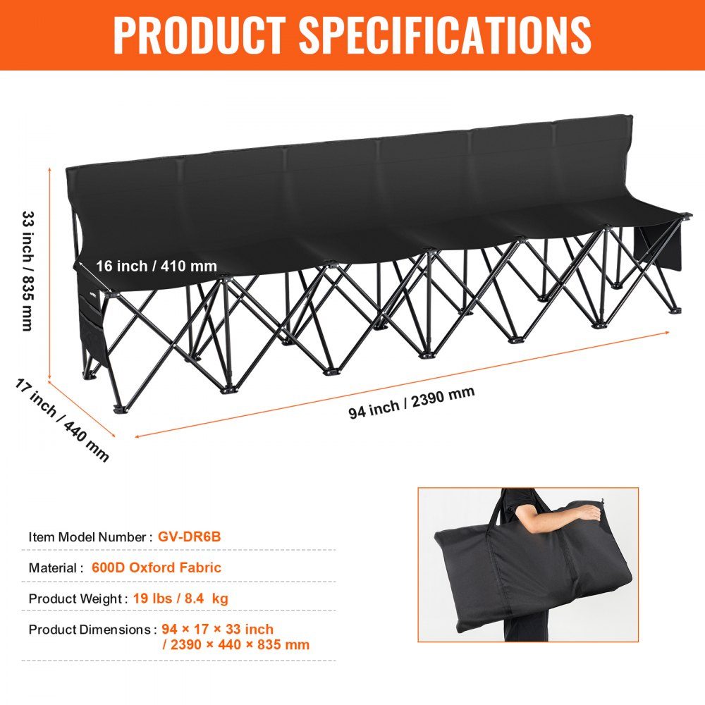 Portable Folding Bench, 6 Seater Folding Side Bench, Outdoor Camping Bench Chair with Carry Bag and Backrest, Team Sports Side Bench for Football Fishing, No Assembly Required, Instant Sitting, Black