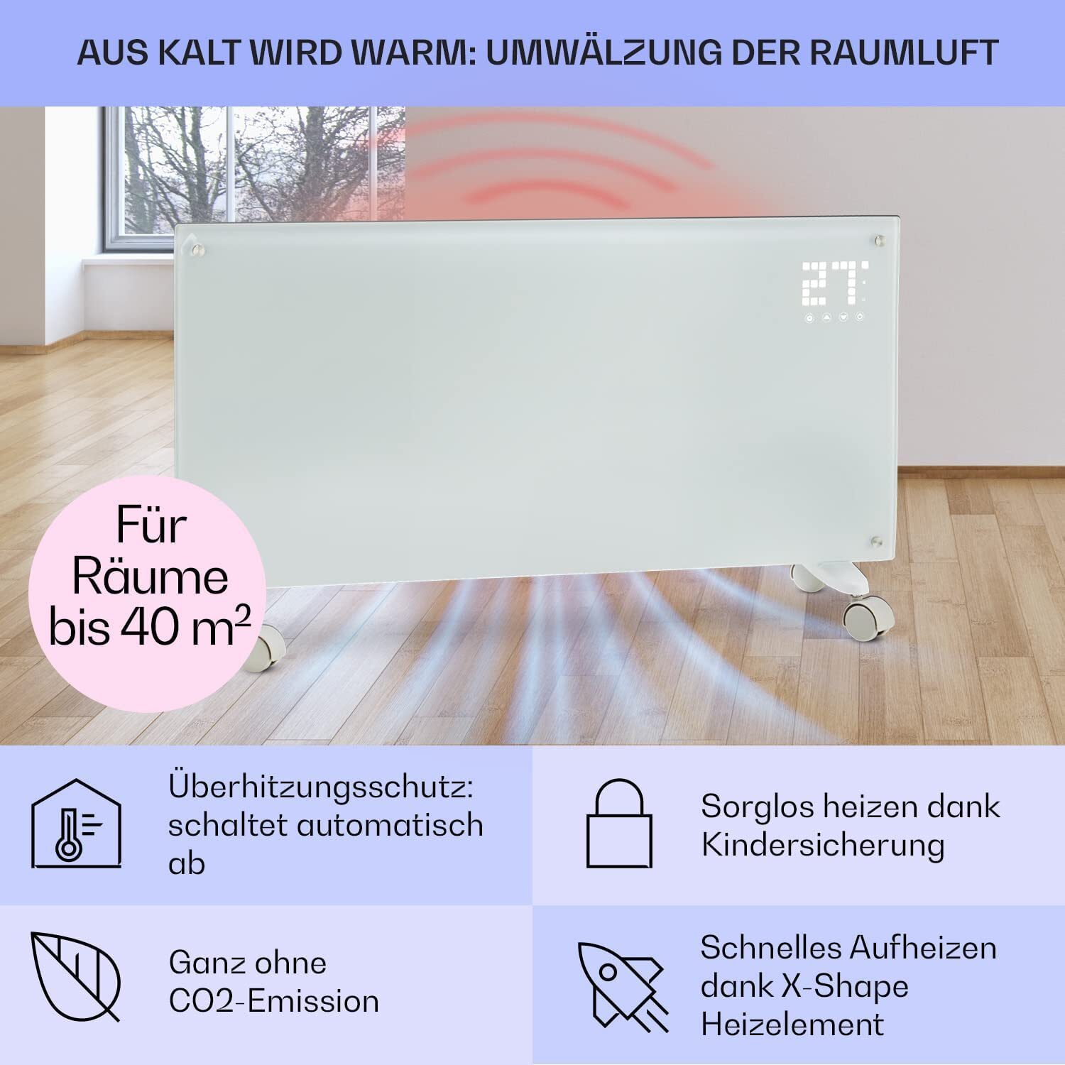 Klarstein Elektroheizung, Konvektorheizung mit Bodenrollen, mobile Elektroheizung, energiesparende, schlanke, leise Elektroheizung, freistehender Elektroheizkörper mit Thermostat, 2000 W
