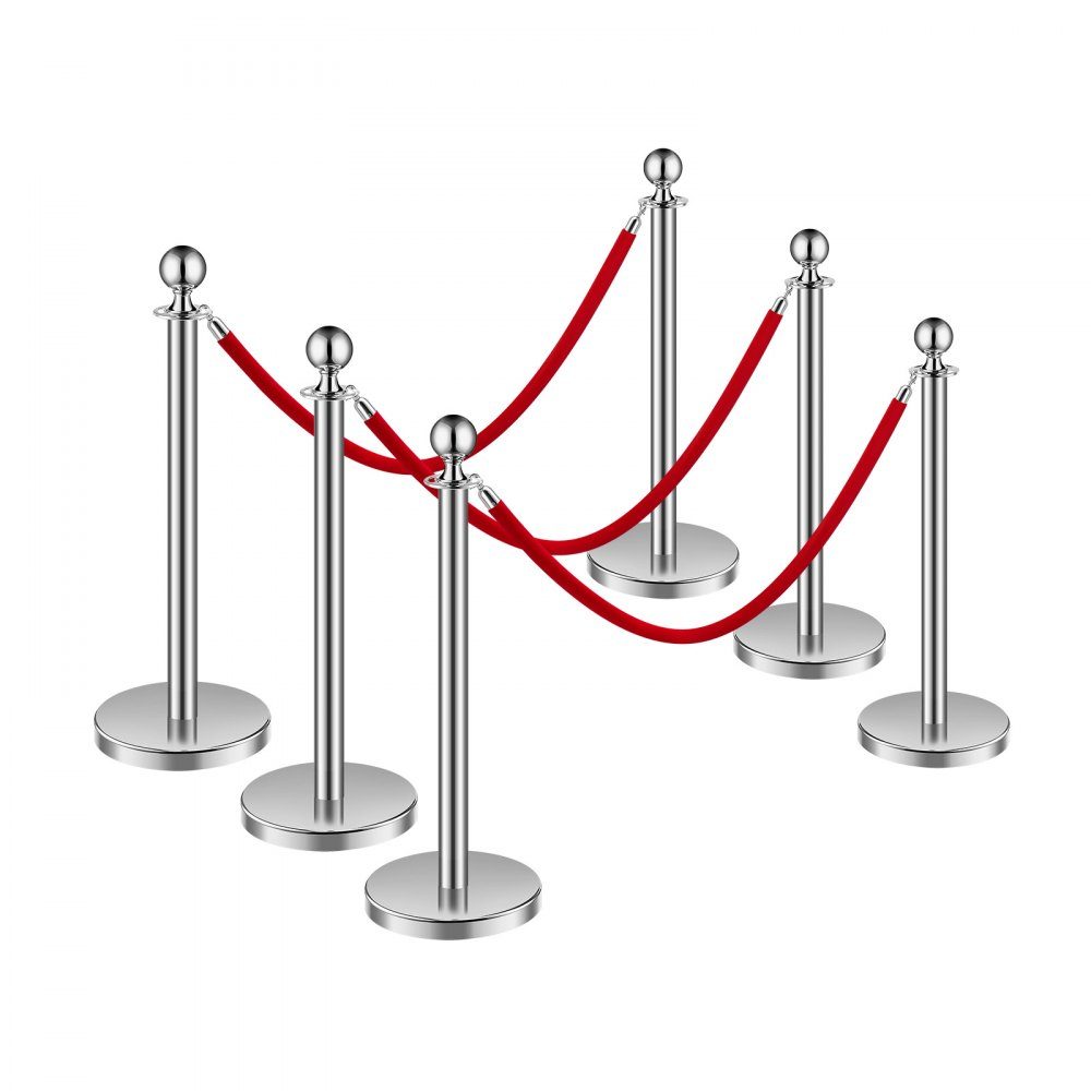 Afzetpalen (6 stuks) voor crowd control met 3 roodfluwelen touwen (1,5 m lang), slagboomstandaard van roestvrij staal met navulbare voet voor tentoonstellingen, zilver