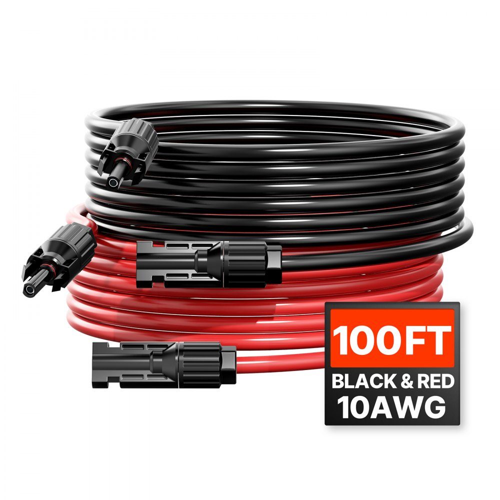 Solar Cable 100ft Extension Cable Set of 2 6mm²/10AWG Cable with Waterproof Female and Male Connectors PV Cable for Home, Marine and RV Solar Panels Black and Red