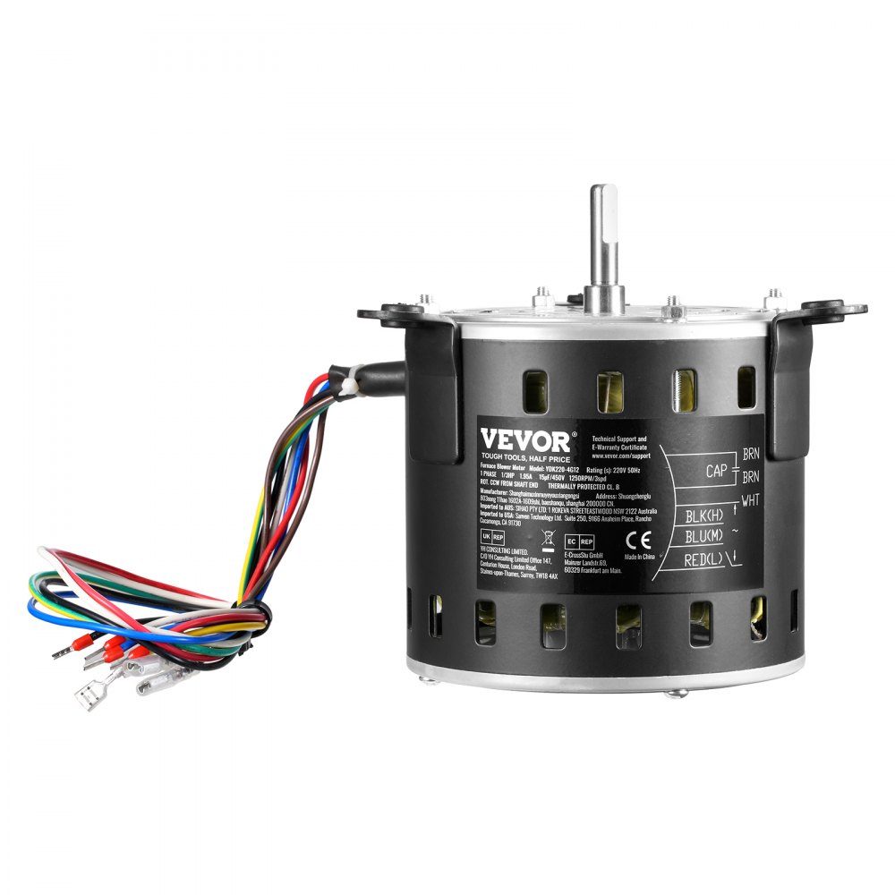 1/3 HP blower motor, 220V, 1.95A, 1250RPM, 3 speeds (750/950-1250RPM), 10mm shaft diameter, 20mm shaft RED clockwise from shaft end, including CBB60 15μF/450V capacitor