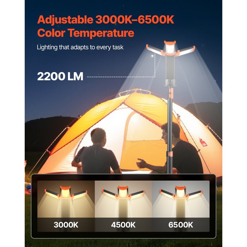 LED construction spotlight with tripod, work light, 13.2 Ah, rechargeable camping light, with 3 lamp heads, removable tripod stand, 2200 LM 3000 K-6500 K dimmable, lighting for the construction site