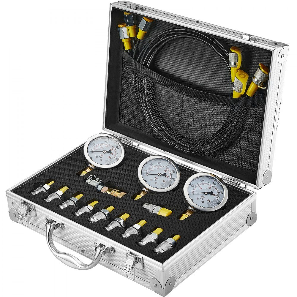 Kit de test de pression hydraulique, 250/400/600 bar, 3 jauges, 11 raccords de test, 3 tuyaux de test, ensemble de jauges de test hydraulique pour excavatrices avec sac de transport portable pour excavatrices, tracteurs, machines de construction