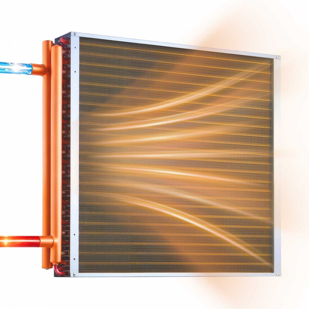 Échangeur de chaleur à ailettes 610x610mm, échangeur de chaleur 65,9 kW avec connexions en cuivre et ailettes en aluminium, échangeur de chaleur eau-air avec pression de service de 2,5 MPa, échangeur de chaleur pour chauffer et refroidir l'intérieur