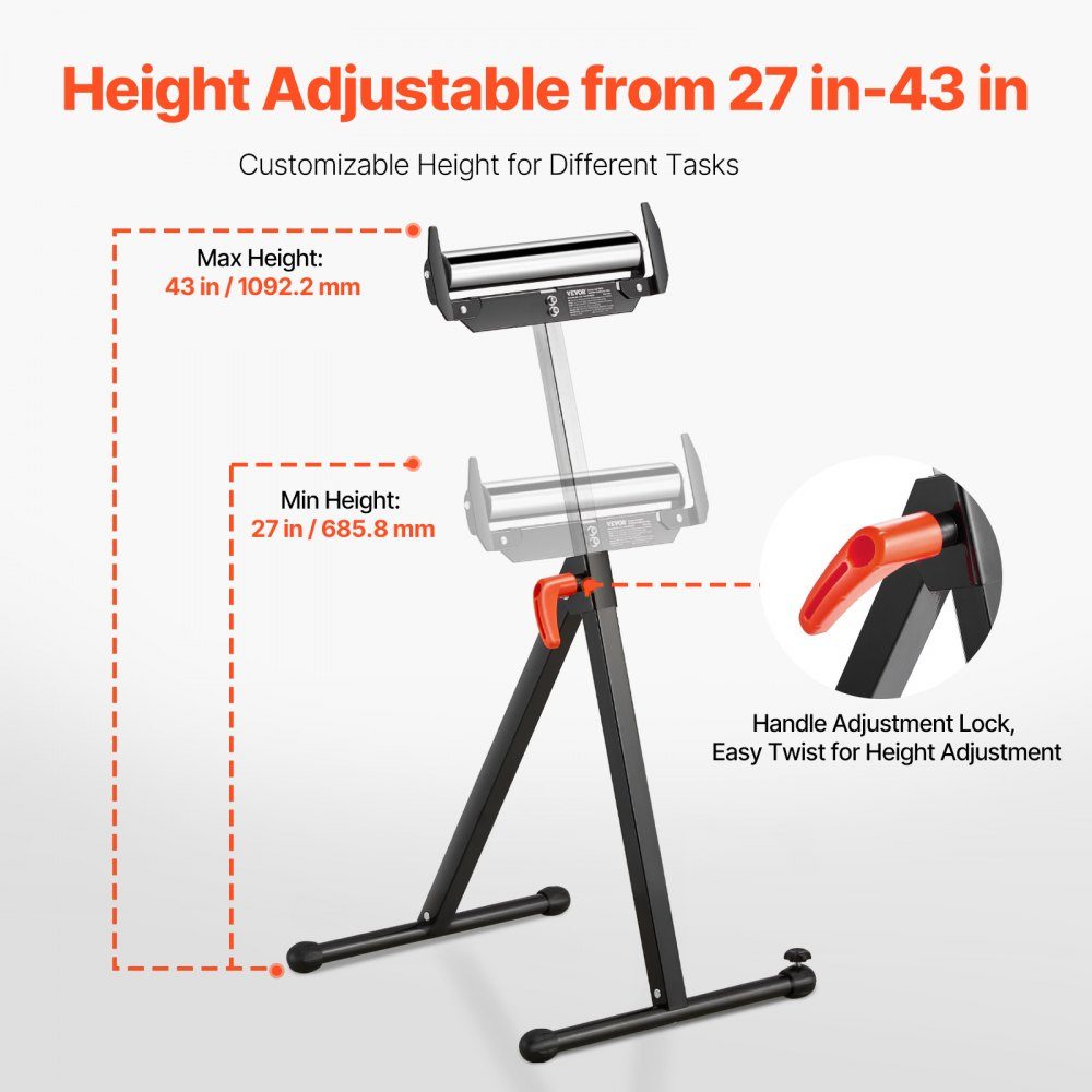 Set van 2 rolstatief, draagvermogen 113 kg, in hoogte verstelbaar van 68-109 cm, opklapbare werkbok met rolkop en randgeleiders van gepolijst staal, voor tafelzaaguitloop, verlengingssteun