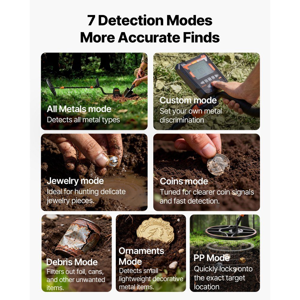 Adult Metal Detector 304.8mm Professional Metal Detector with 7 Modes IP68 Waterproof High Precision Gold Detector with Display Wireless Headphones Adjustable Length for Gold Hunting