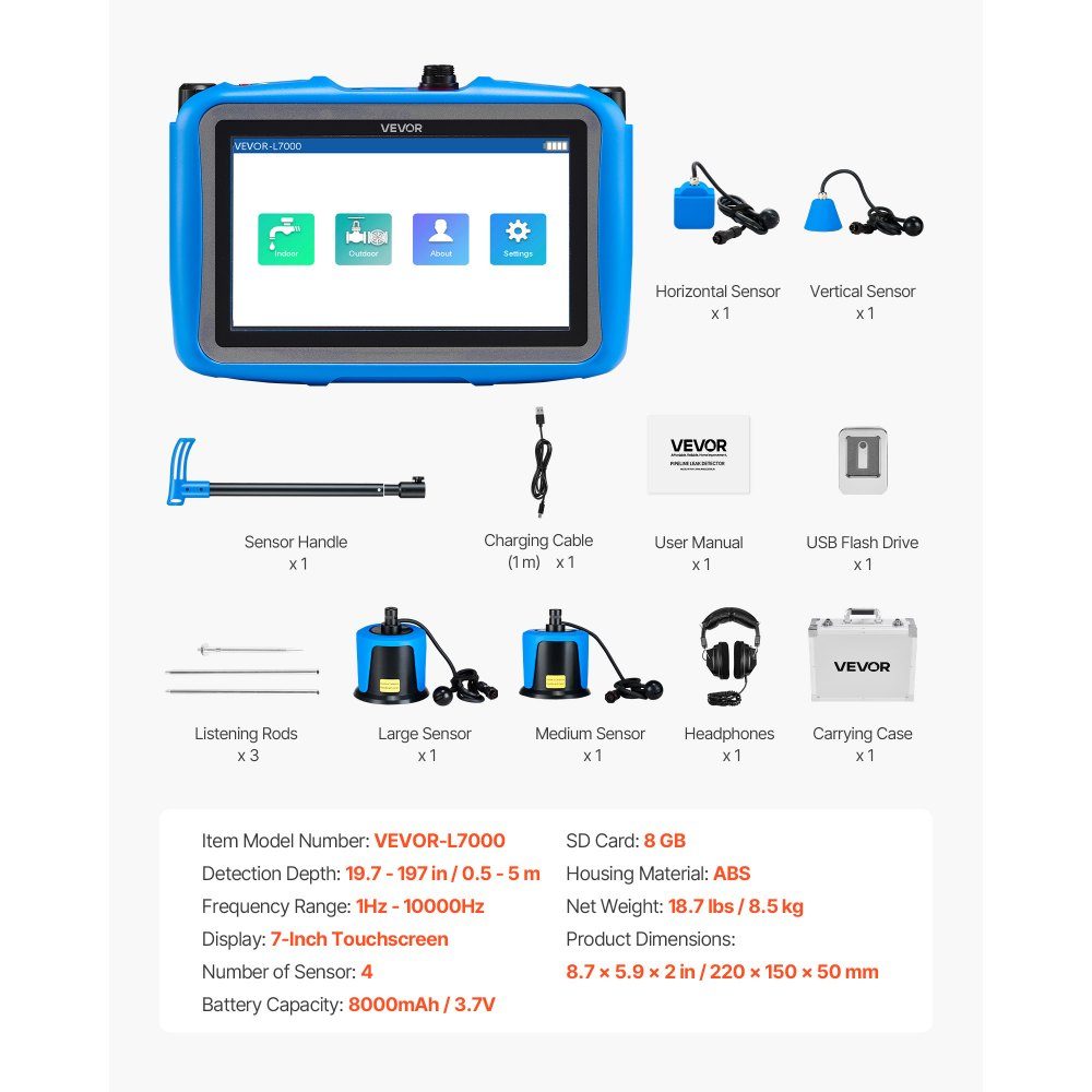 Leidingwaterlekdetector met 4 sensoren, 1 Hz - 10.000 Hz, 7 inch touchscreen, ondergrondse pijpdetector met 3 luisterstaven, hoofdtelefoon, kaart van 8 GB en draagtas
