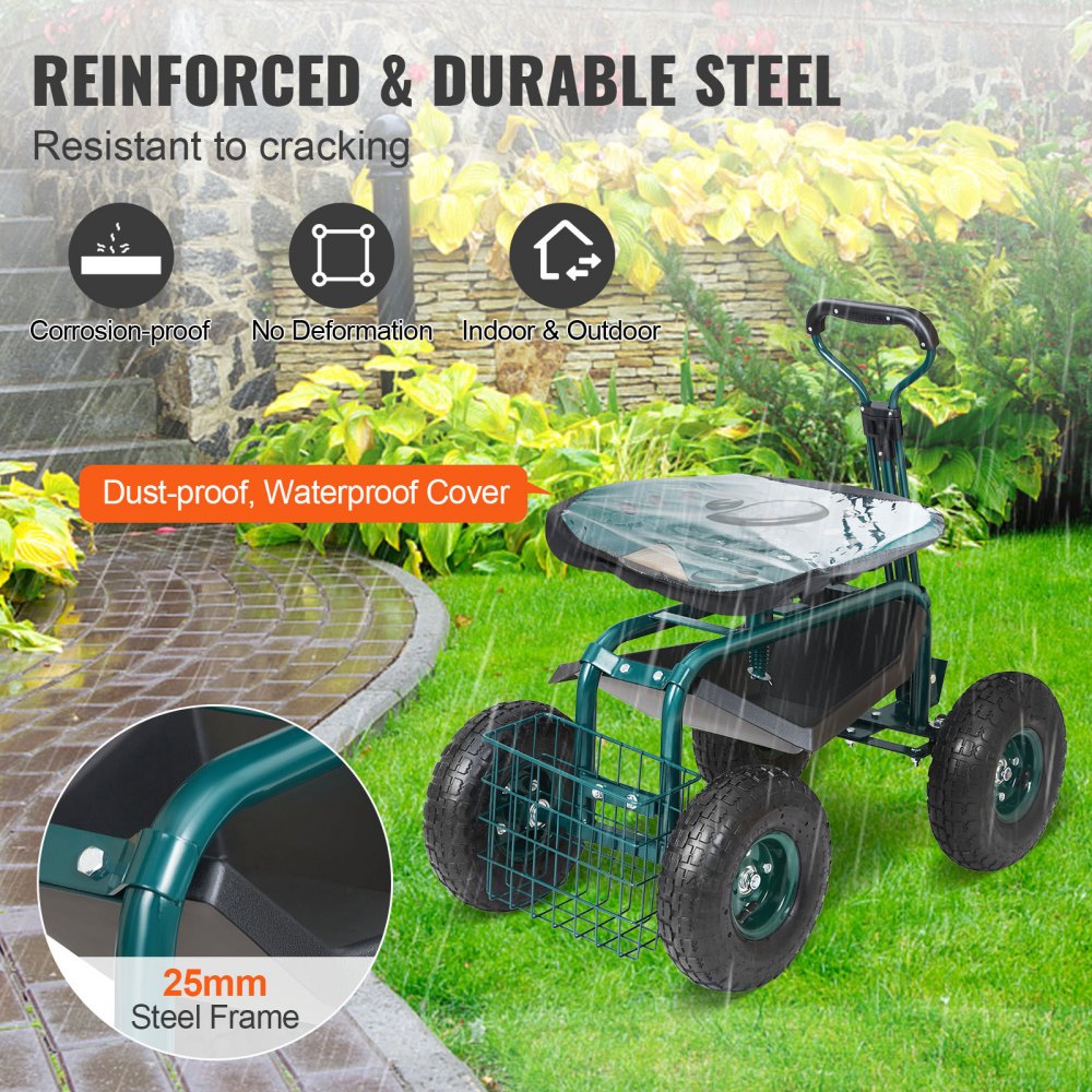 Rollsitz, Werkstattwagen aus Stahl, belastbar bis 136kg, Gartenwagen mit 25cm Griff und 45-54cm höhenverstellbarem Sitz, Rollwagen, 30PSI Reifendruck, Arbeitssitz, Gartensitz, grün Rollsitz, Werkstattwagen aus Stahl, belastbar bis 136kg, Gartenwagen mit 25cm Griff und 45-54cm höhenverstellbarem Sitz, Rollwagen, 30PSI Reifendruck, Arbeitssitz, Gartensitz, grün