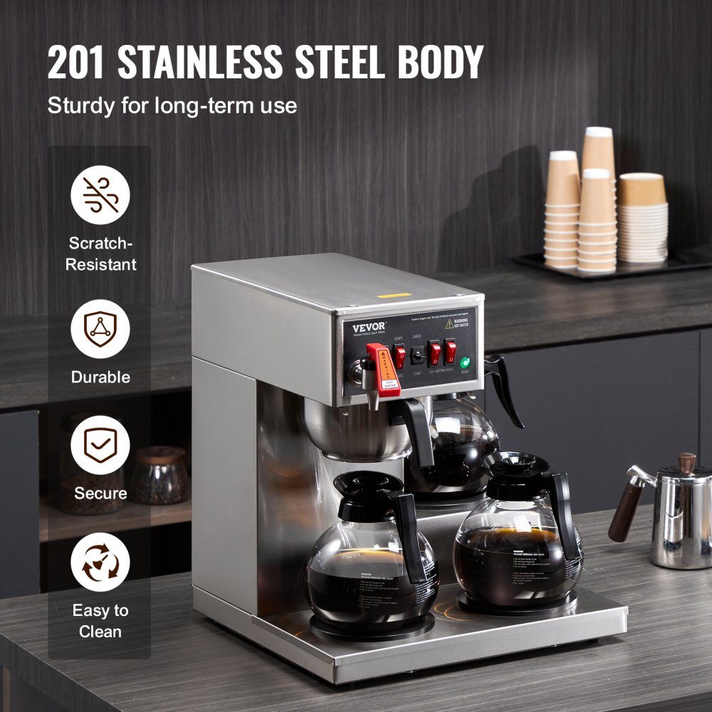 Kommerzielle Filterkaffeemaschine für 12 Tassen, Kaffeemaschine mit 3 Glaskaraffen & 3 Warmhalteplatten, Übergießkaffeemaschine aus Edelstahl für Restaurant, Büro, Café