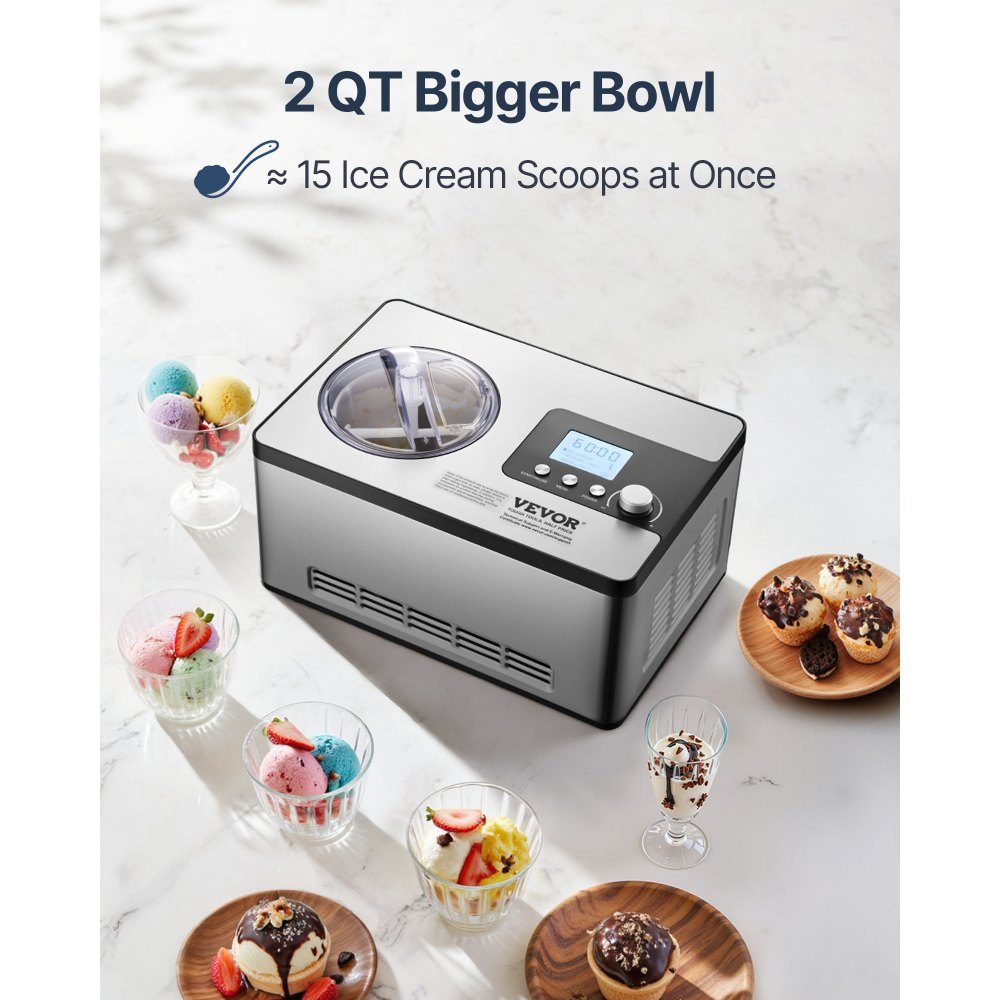 Compressor Ice Cream Machine Ice Cream Machine 2L, 180W Frozen Yoghurt Maker Ice Cream Machine 3 Modes Yoghurt Machine Household Portable Ice Cream Machine Sorbet Gelato Low Noise Silver Electric