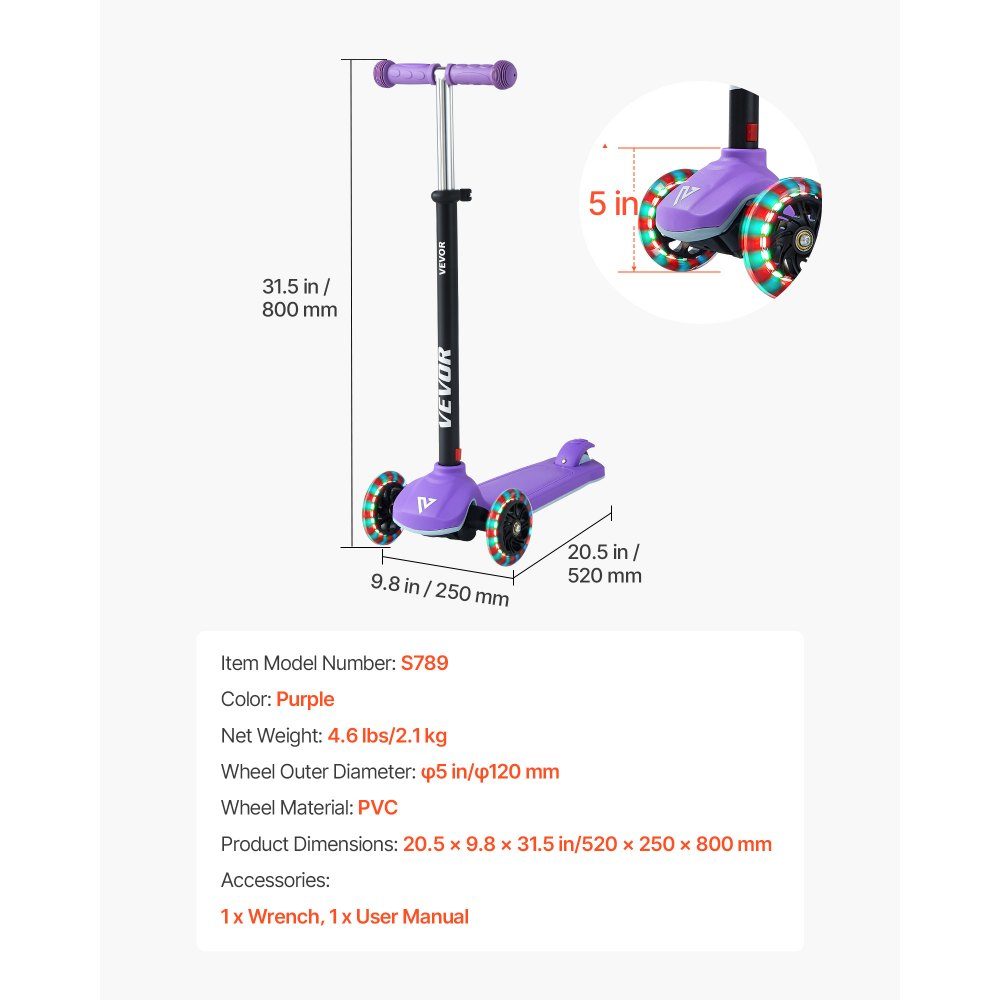Trottinette (3 roues) à partir de 3 ans, trottinette de ville trottinette enfant avec roues lumineuses & guidon réglable en hauteur & plateau antidérapant & cadre aluminium léger, trottinette jusqu'à 75 kg, violet