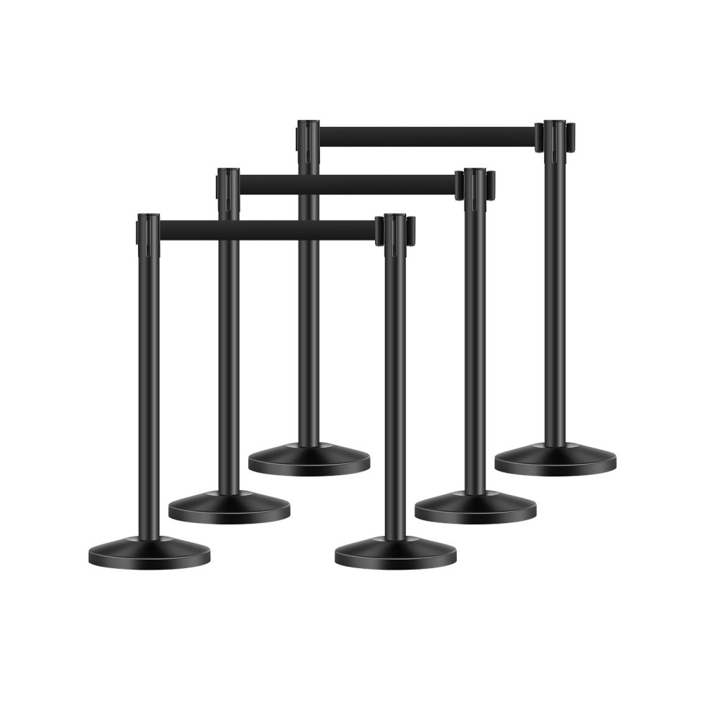 Crowd Control Bollards (Pack of 6) with 6 Retractable Straps, Carbon Steel Bollards with Hollow Base for Weddings, Exhibitions, Black