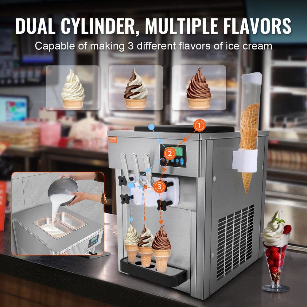 Commercial Ice Cream Maker, 1800W, 3 Flavors, Countertop Soft Ice Cream Machine, 2 x 4L Hopper, 2 x 1.8L Cylinder, LCD Screen, Auto Cleaning, Pre-Cooling
