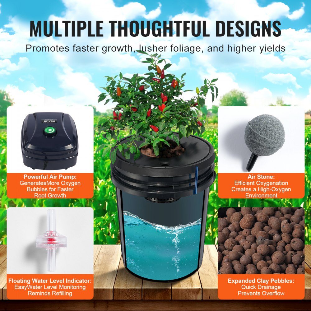 DWC Hydroponics Grow System, Hydroponic Growing System, Deep Water Culture 5 Gallonen 4 Eimer, DWC System mit Luftpumpe, Luftsteinen und Wasserstandsanzeige für Blattgemüse