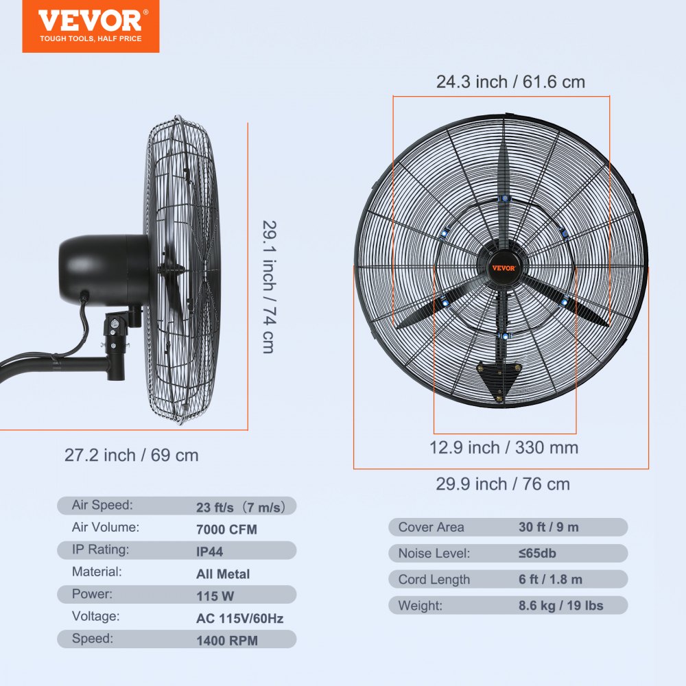 Mistventilator, 24" oscillerende waterdichte ventilator, 3 snelheden, 7000 CFM, commerciële of residentiële ventilator voor het koelen van magazijnen, kassen, werkplaatsen Mistventilator, 24" oscillerende waterdichte ventilator, 3 snelheden, 7000 CFM, commerciële of residentiële ventilator voor het koelen van magazijnen, kassen, werkplaatsen