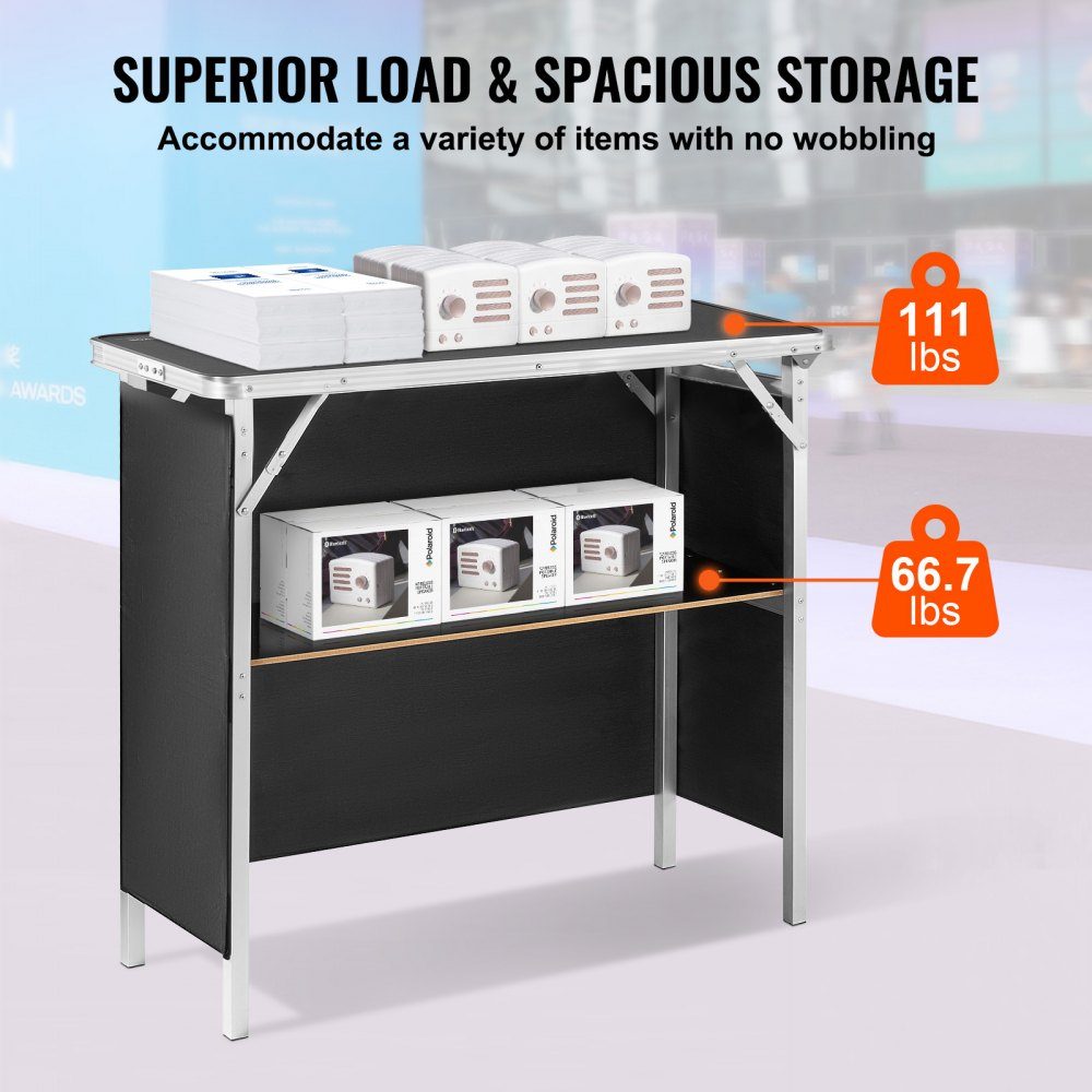 Comptoir d'exposition portable, comptoir d'exposition, 97,5 × 38,5 × 87 cm, stand d'exposition, support de comptoir d'exposition, table de bar de promotion pliable, comptoir de promotion, réception avec compartiment de rangement, sac de transport, noir