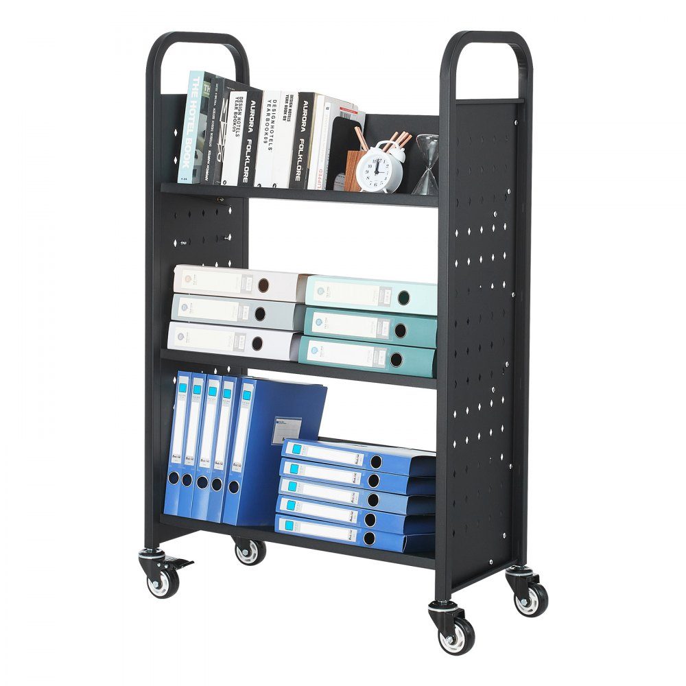 Book Trolley 150kg Load Capacity Library Trolley 77 x 38 x 122cm Single Sided V Shaped Bookshelf with Double Brake Wheels Bookshelf Trolley for Living Room Office School Black