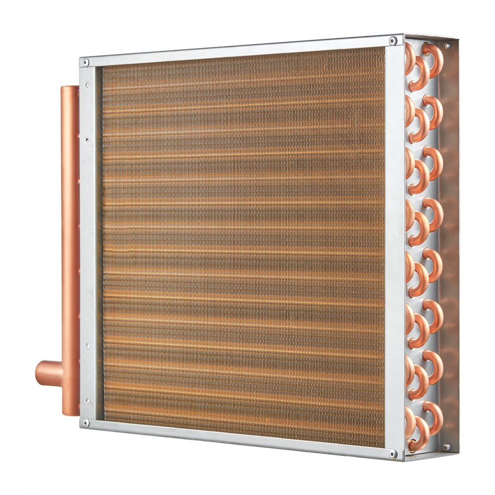 16" x 16" water to air heat exchanger with 3 row 9.53mm copper connections, 193 aluminum fin heat exchanger for wood stoves, residential heating and cooling and forced air heating