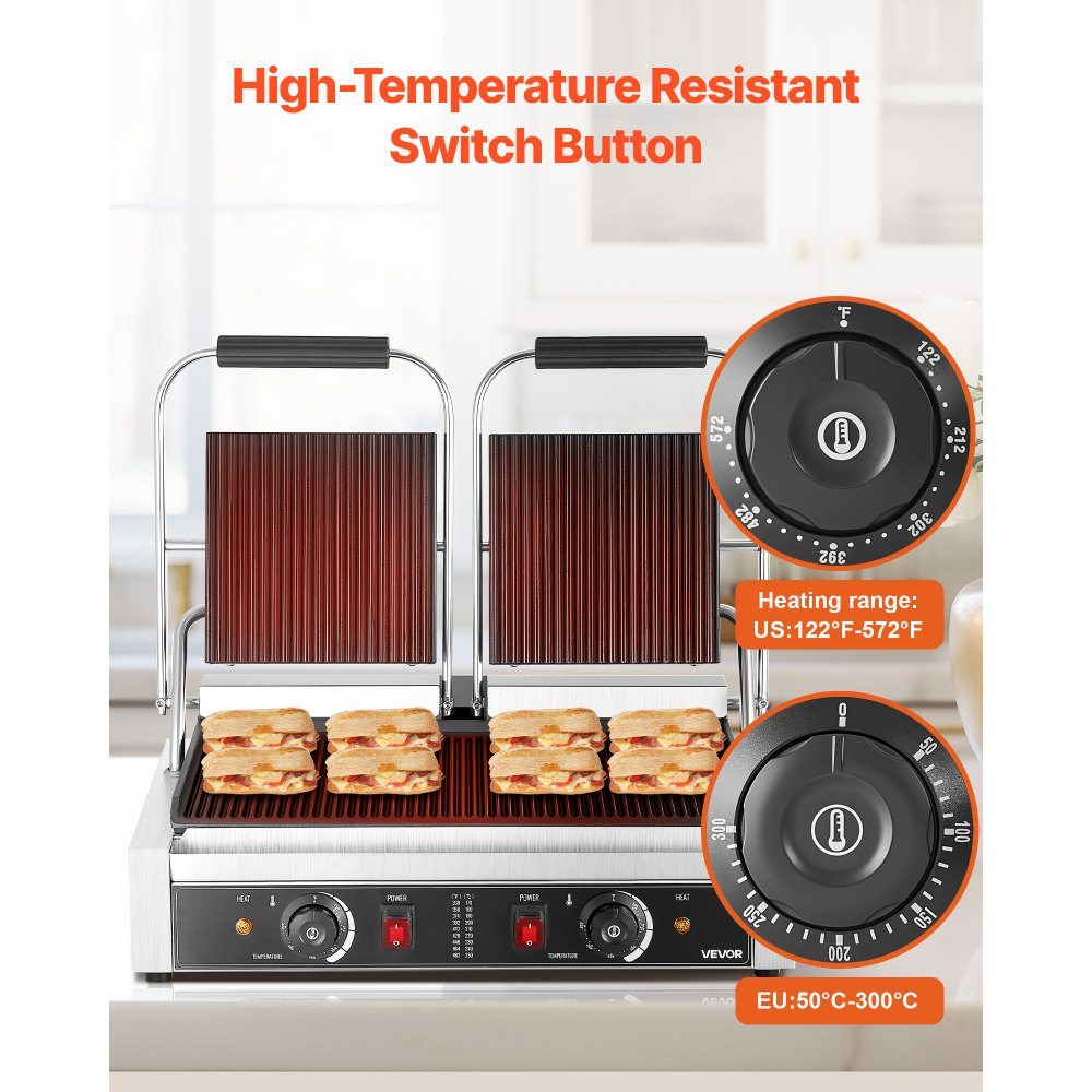 Commercial Contact Grill 3600W Electric Grill Sandwich Maker (Double Baking Plates) Stainless Steel Panini Press with Temperature Control, 48x23cm Grooved Enamel Plate for Hamburger Steak Bacon