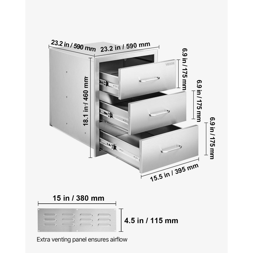Tiroirs de cuisine d'extérieur 46 x 59 x 59 cm (L x P x H), tiroirs pour grill avec 3 tiroirs et poignées en acier inoxydable, tiroirs pour cuisine extérieure et station de grill pour îlot de terrasse