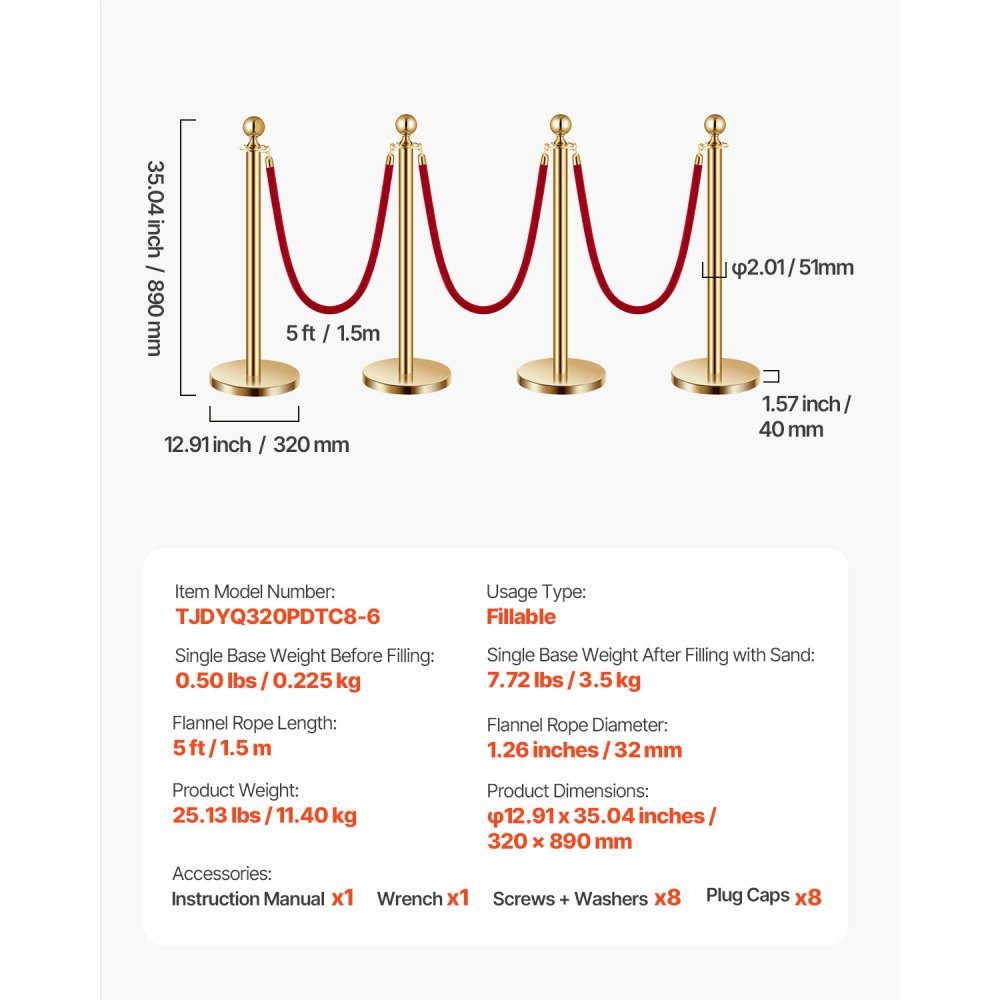Absperrpfosten Absperrung (8 Stück) zur Massenkontrolle mit 6 roten Samtseilen (1,5 m lang), Absperrständer aus Edelstahl mit nachfüllbarer Basis für Ausstellungen Golden