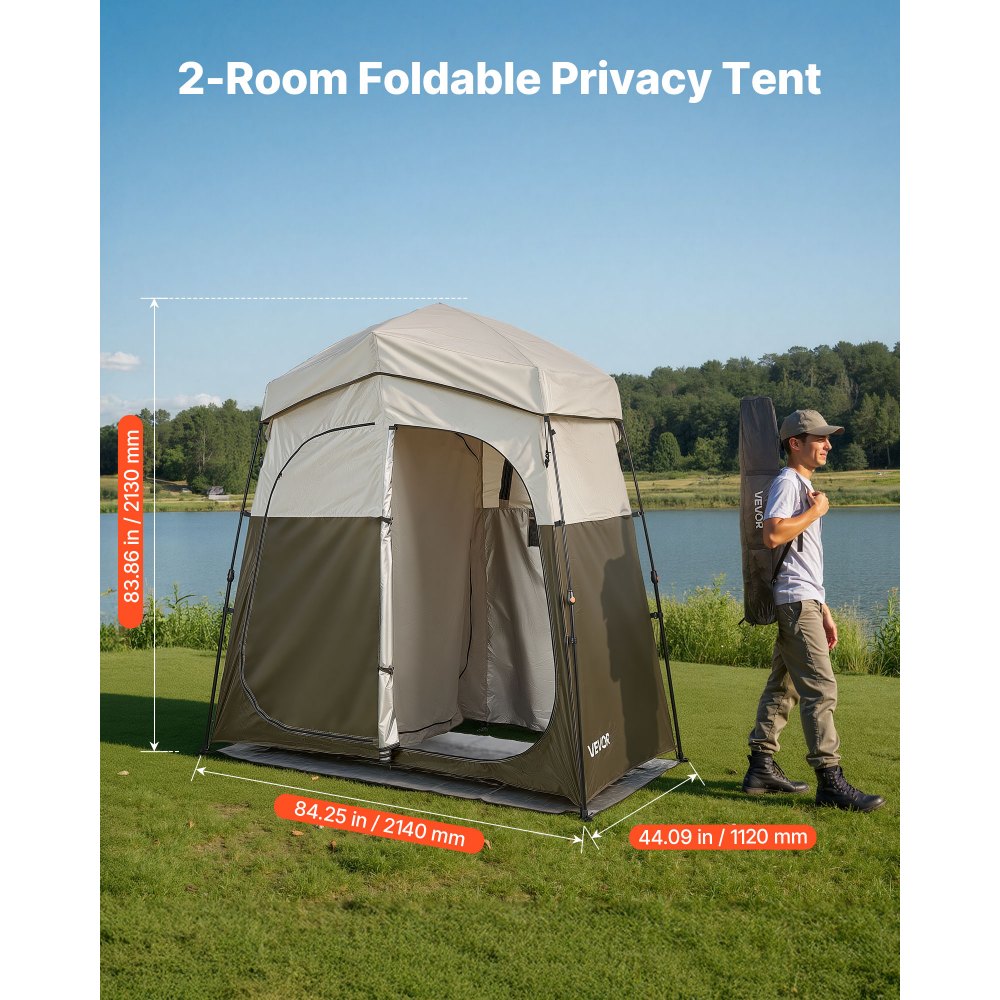 Tente de douche, tente de toilettes (2140x1120x213 cm) avec écran d'intimité et 2 pièces, tente à langer avec piquets, cordes et sac de transport, tente d'intimité en tissu Oxford 150D pour le camping, la plage, la pêche