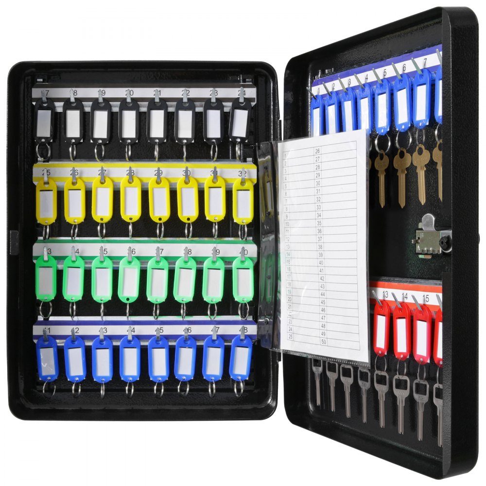Schlüsselschrank, Schlüsselkasten, 48 Schlüssel, schwarzer Schlüsselkasten, Schlüsseltresor, verstellbarer, abschließbarer Schlüsselkasten mit 6 x Schlüsselhalter, 2 x Schlüssel & 1 x Karteikarte