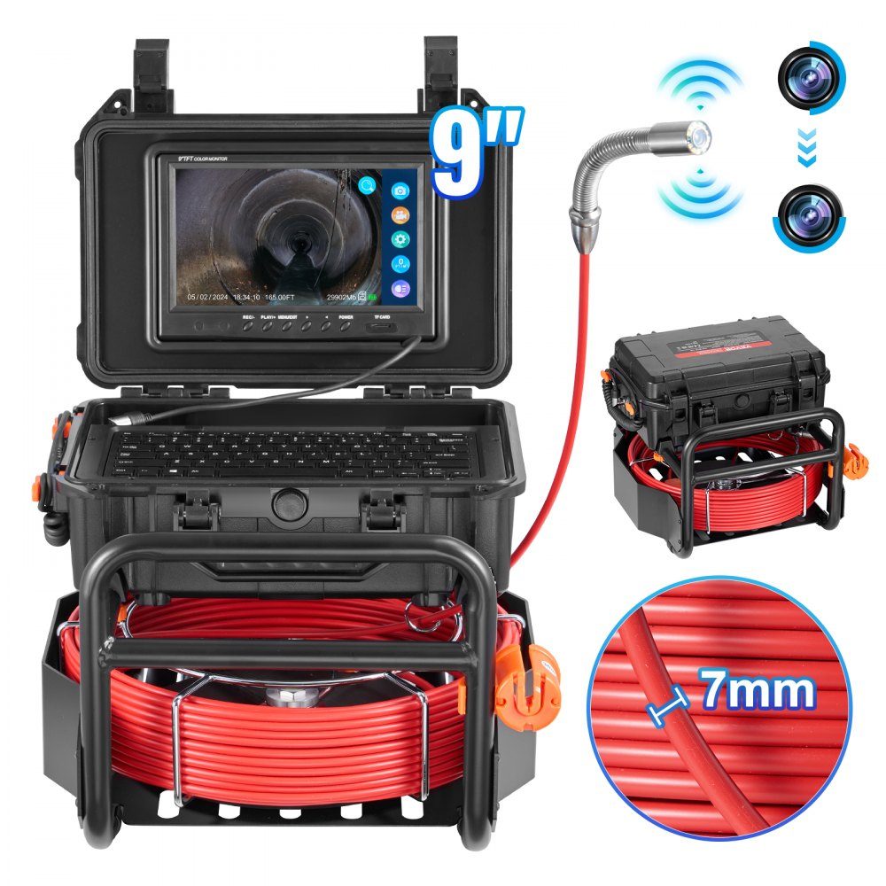 Kamera do kanalizacji, samopoziomująca kamera do rur z 512-Hz-Sender o zasięgu 50 m, licznik odległości, ekran 9 cali, kamera do inspekcji rur HD 1080P z 12 diodami LED i 32-GB-Karte, endoskop do rur kanalizacyjnych – Nr kat. HT-24603