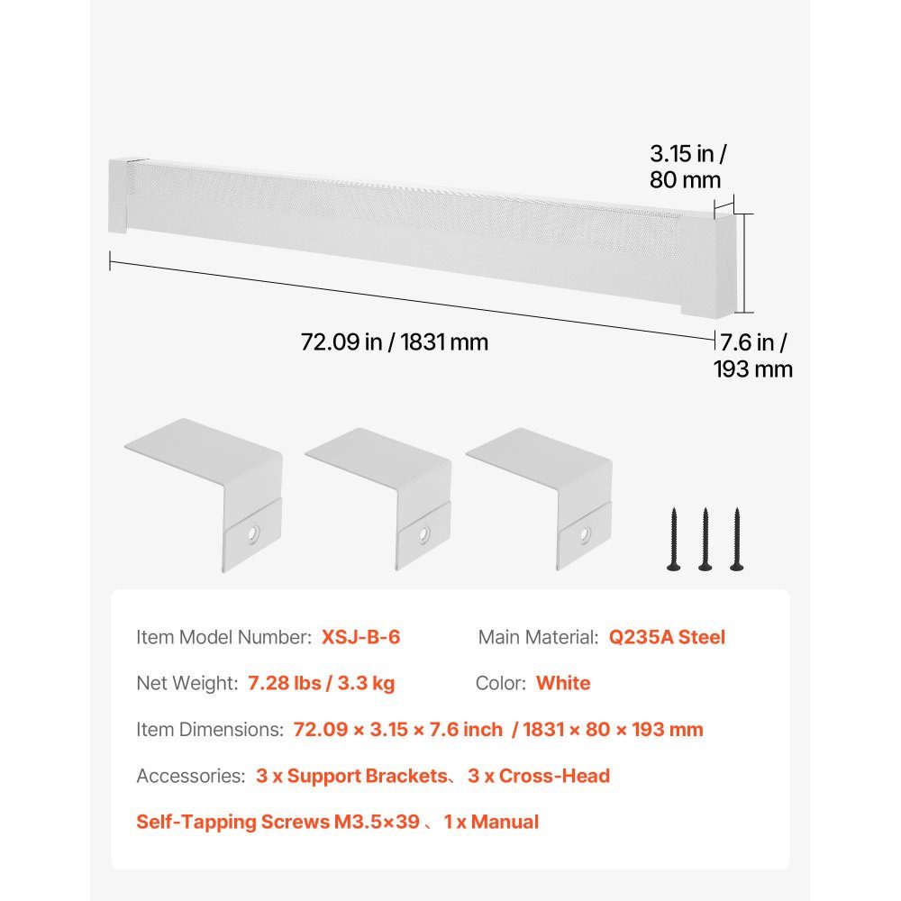 Heizungsabdeckungen, Basic-Serie, 1831 x 80 x 193 mm, Standard-Frontabdeckung für elektrische Heizkörper, robuste Ersatzabdeckung aus Stahl für Schlafzimmer, Weiß