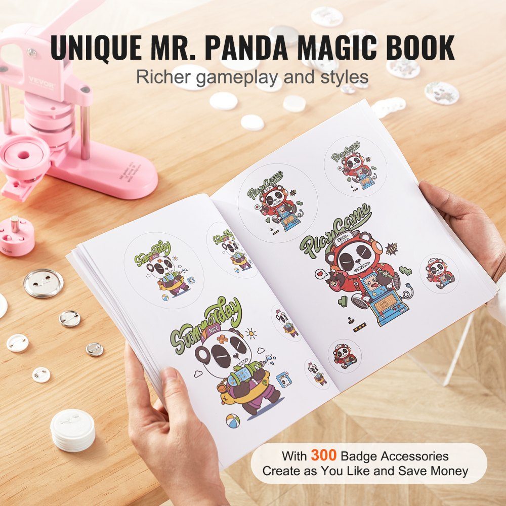 Buttonmaker 25/32/58mm 3-in-1 Pinmaker, 300pcs Button Parts, Buttonmaker Machine with Panda Magic Book, Ergonomic Punching Set with Bow Handle, for DIY Gifts for Kids