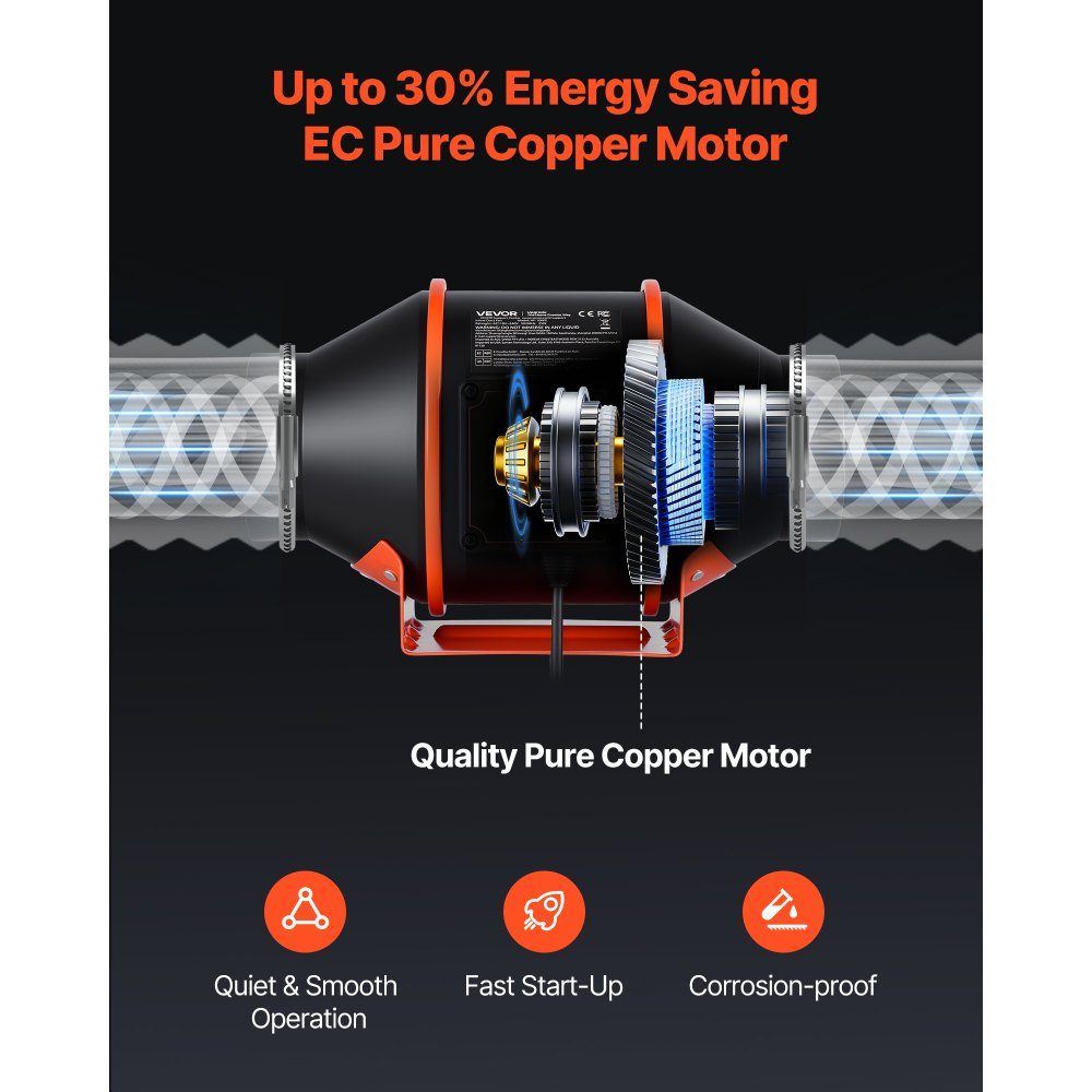 101.6 mm duct fan with carbon filter, 349 m³/h inline duct fan with PWM and app control, duct fan with 10 levels, 9 hour timer and EC motor, exhaust fan for smoke exhaust in the greenhouse basement