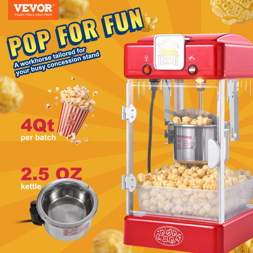 Popcornmaker, 300 W popcornmaker, 2,5 oz waterkoker voor 4QT per lading, popcornmaker op aanrecht met PP-deur, inclusief 2 scheppen en lade, bioscoopstijl, rood Popcornmaker, 300 W popcornmaker, 2,5 oz waterkoker voor 4QT per lading, popcornmaker op aanrecht met PP-deur, inclusief 2 scheppen en lade, bioscoopstijl, rood