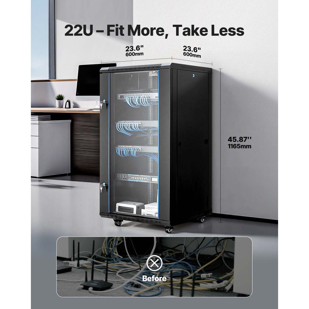 22U-Netzwerkschrank, 600 mm Tiefe, 136 kg maximale Tragfähigkeit, Serverschrank-Rack-Gehäuse mit abschließbarer Tür aus gehärtetem Glas, Seitenwände, Server-Rack für IT-Geräte, A/V-Geräte