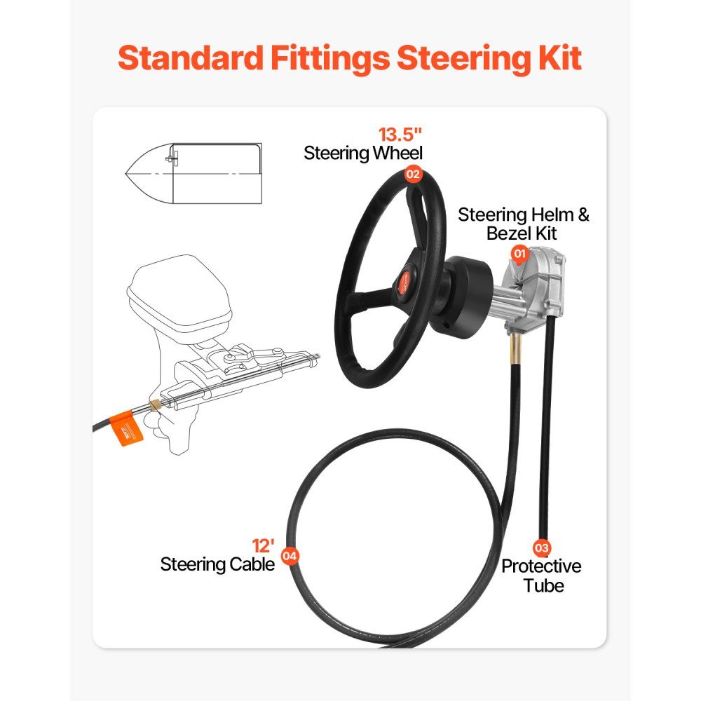 Buitenboordstuurset met 3,7 m kabel SS13712 en 342 mm stuurwiel, mechanisch bootstuursysteem, bootaccessoires met snelsluiting voor op reis