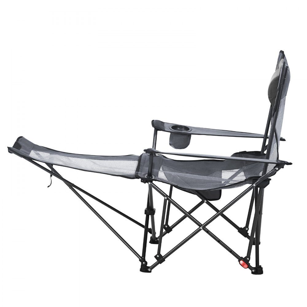 Folding Camping Chair, Deck Chair with 4 Adjustable Positions, Relaxation Chair Lounger with Cup Holder, Mesh Beach Chair with Headrest & Footrest, Load Capacity 100kg, for Outdoor Camping, Gray
