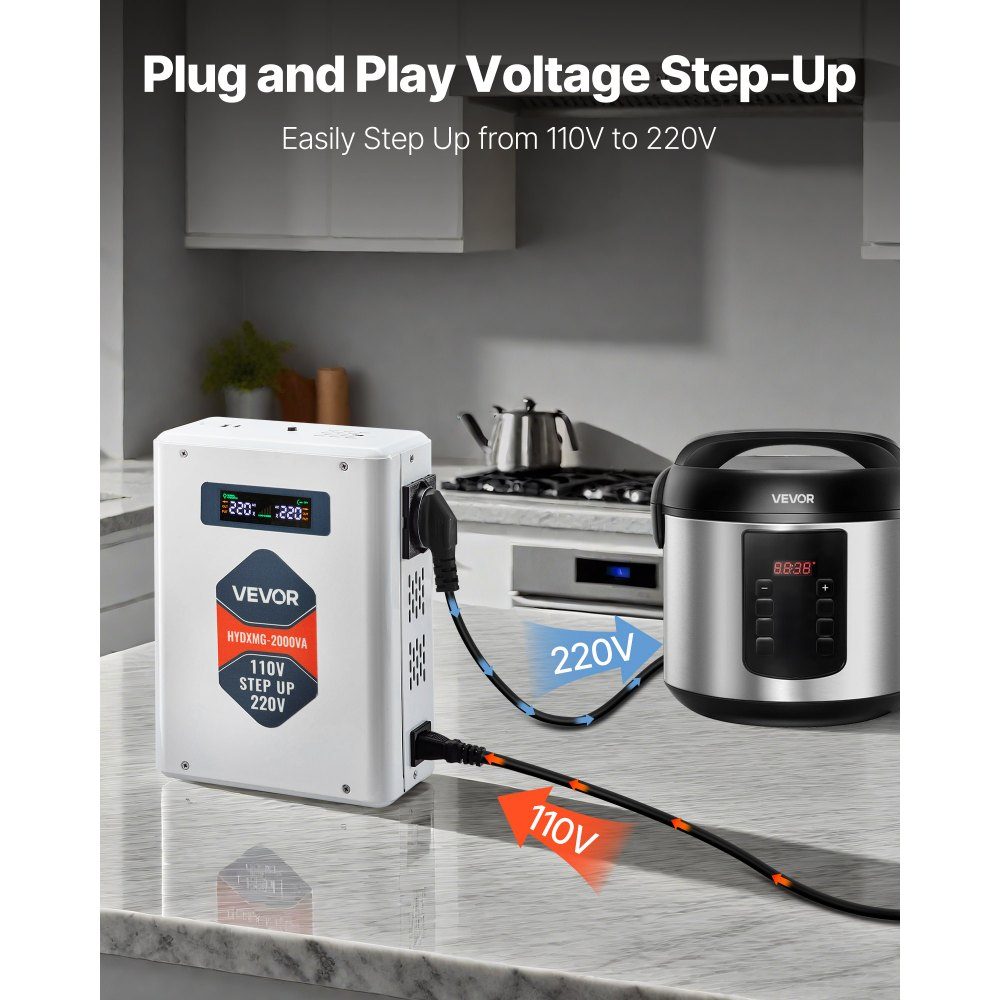 Convertisseur élévateur de tension 2000 VA Convertisseur élévateur robuste 110 V à 220 V Transformateur de puissance avec 2 prises UE Sortie USB Écran LCD Protection de la température pour appareils 220 V – Réf. HT-23590