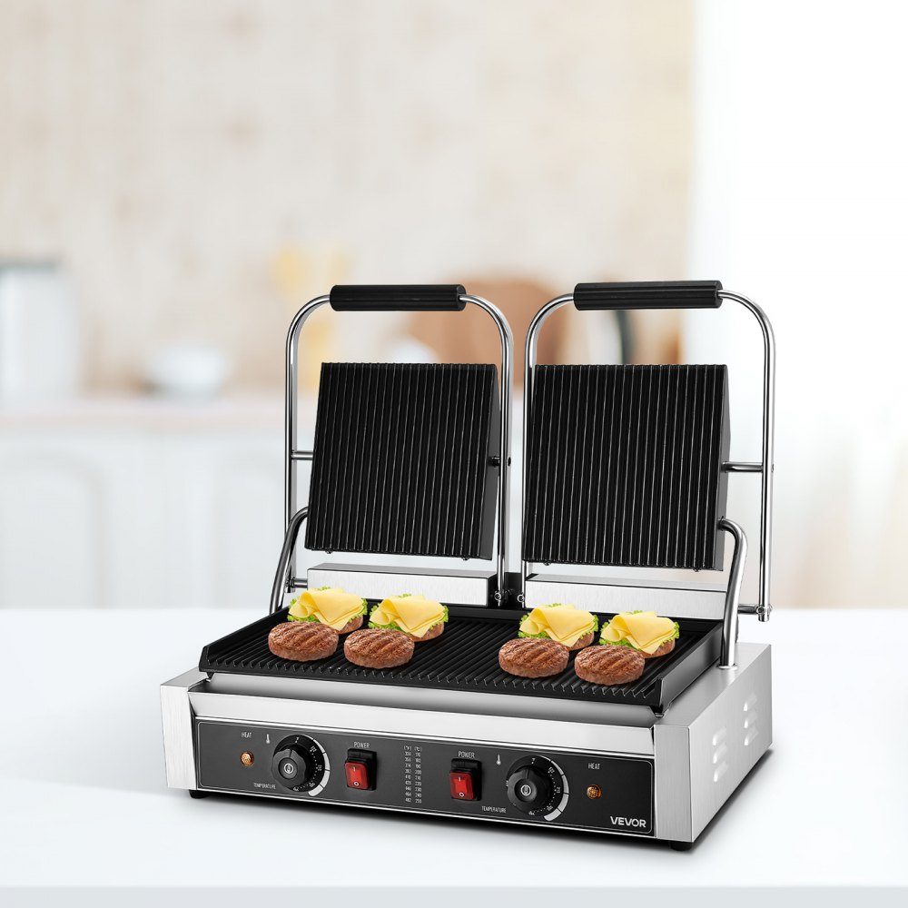 Commercial Contact Grill 3600W Electric Grill Sandwich Maker (Double Baking Plates) Stainless Steel Panini Press with Temperature Control, 48x23cm Grooved Enamel Plate for Hamburger Steak Bacon
