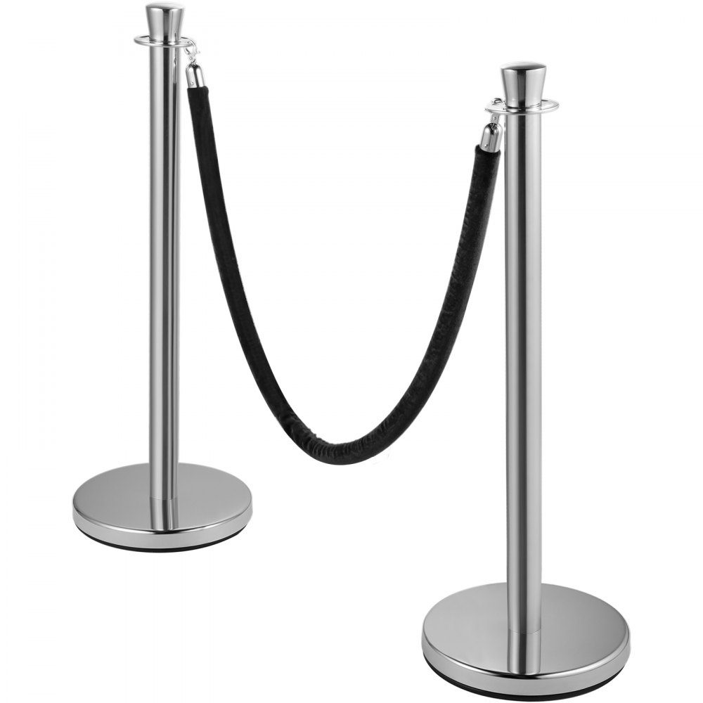 2 piece crowd control stake set with 1.5m black velvet rope, silver crowd control barrier with sturdy concrete and metal base - easy to assemble