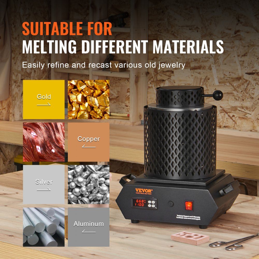 Gold Melting Furnace1350W 1150℃ Max Temperature Digital Electric Melting Furnace 1kg/3kg Ceramic Crucible with Crucible Tongs and Gloves for Processing Gold, Silver, Copper, Aluminum, Red