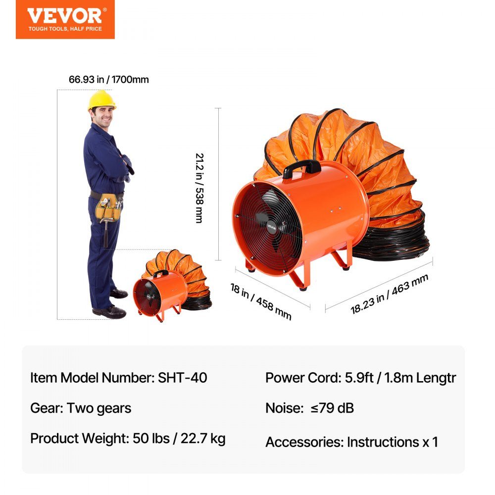 Bauventilator, 592 W AC-Motor, Bauventilator, Bauventilator, Gebläse, 5175 CFM, Axialventilator mit 2-Gang-Wechselstrommotor, 10 m Schlauch, Axialventilator, IP44, wasserdichter Industrieventilator