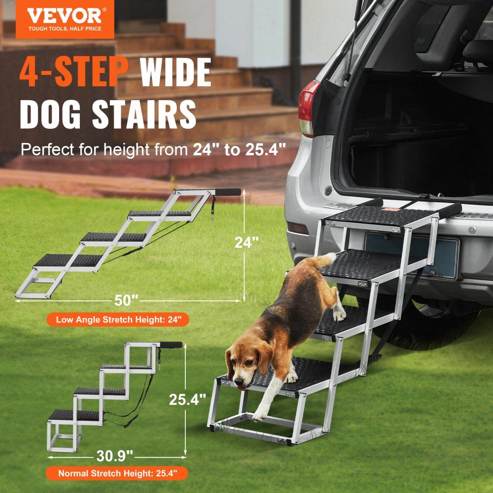 Escalier pour chien pour voiture, large escalier de voiture pour chien à 4 marches, rampe de voiture pliable pour chien avec surface antidérapante, escalier portable en aluminium léger pour voiture, SUV et camion, supporte jusqu'à 68 kg